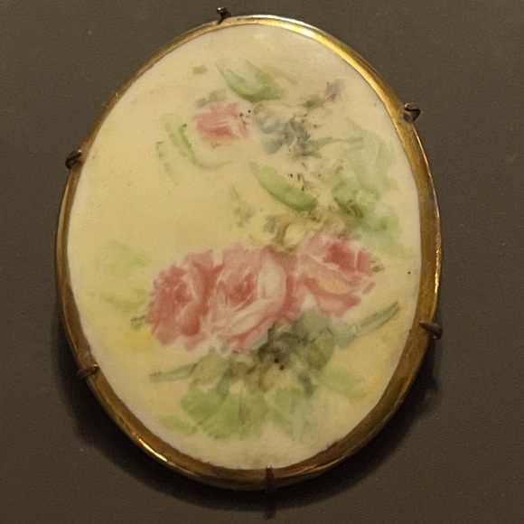 Antique Victorian Hand Painted Porcelain Floral Pink Rose Flower Brooch Pin - Picture 1 of 15